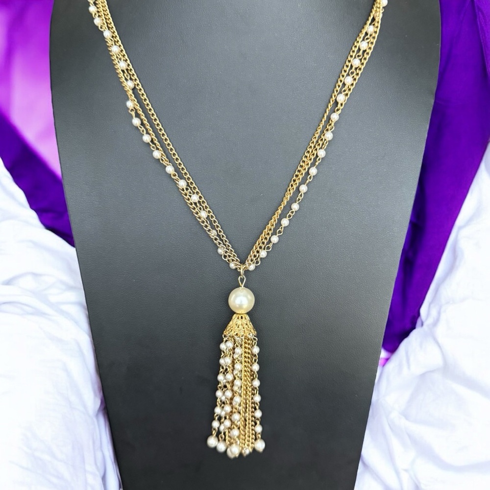 Vintage Multi Strand Gold Tone Faux Pearl Tassel Dangle Necklace 30”